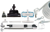 Central Vacuum Kit - 30'  (9 m) Electrical Hose - Black Power Nozzle - Mini Air Nozzle - Floor Brush - Dusting Brush - Upholstery Brush - Microfiber Brush - Telescopic Wand - Hangers - Grey