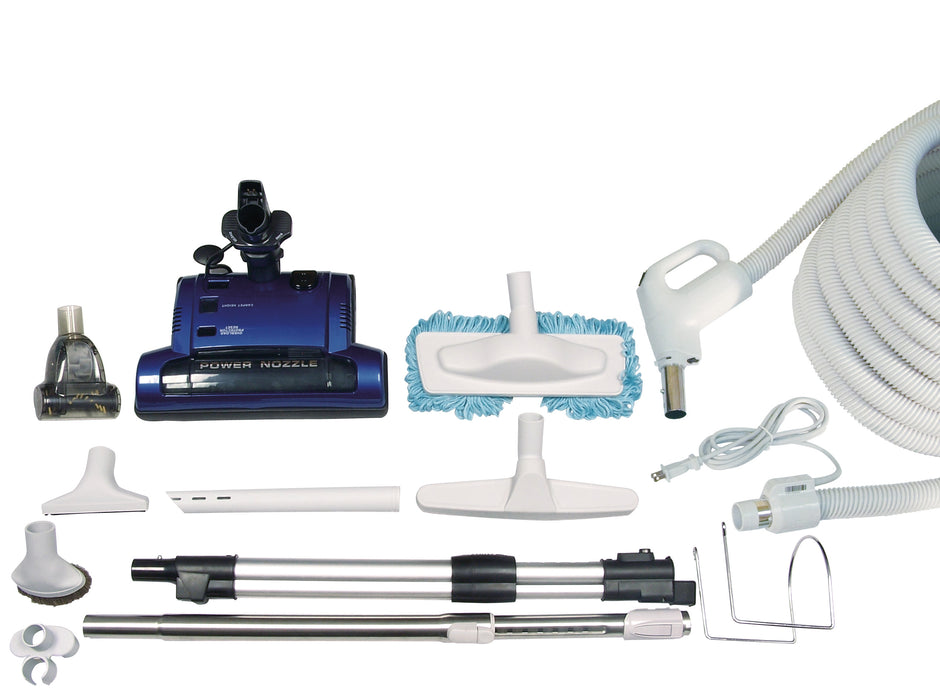 Central Vacuum Kit - 30'  (9 m) Electrical Hose - Blue Power Nozzle - Mini Air Nozzle - Floor Brush - Dusting Brush - Upholstery Brush - Microfiber Brush - Telescopic Wand - Hangers - Grey