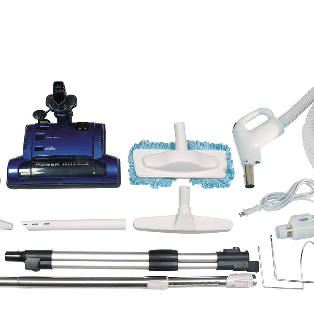Central Vacuum Kit - 35' (10 m) Electrical Hose - Blue Power Nozzle - Mini Air Nozzle - Floor Brush - Dusting Brush - Upholstery Brush - Microfiber Brush - Telescopic Wand - Hangers - Grey