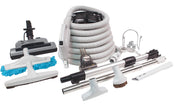 Central Vacuum Kit - 35' (10 m) Electrical Hose - Silver Power Nozzle - Mini Air Nozzle - Floor Brush - Dusting Brush - Upholstery Brush - Microfiber Brush - Telescopic Wand - Hangers - Grey