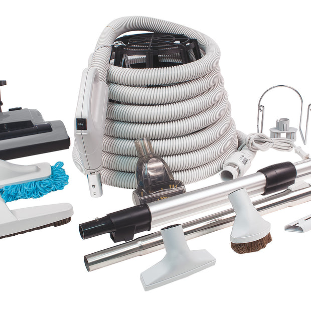 Central Vacuum Kit - 30'  (9 m) Electrical Hose - Silver Power Nozzle - Mini Air Nozzle - Floor Brush - Dusting Brush - Upholstery Brush - Microfiber Brush - Telescopic Wand - Hangers - Grey