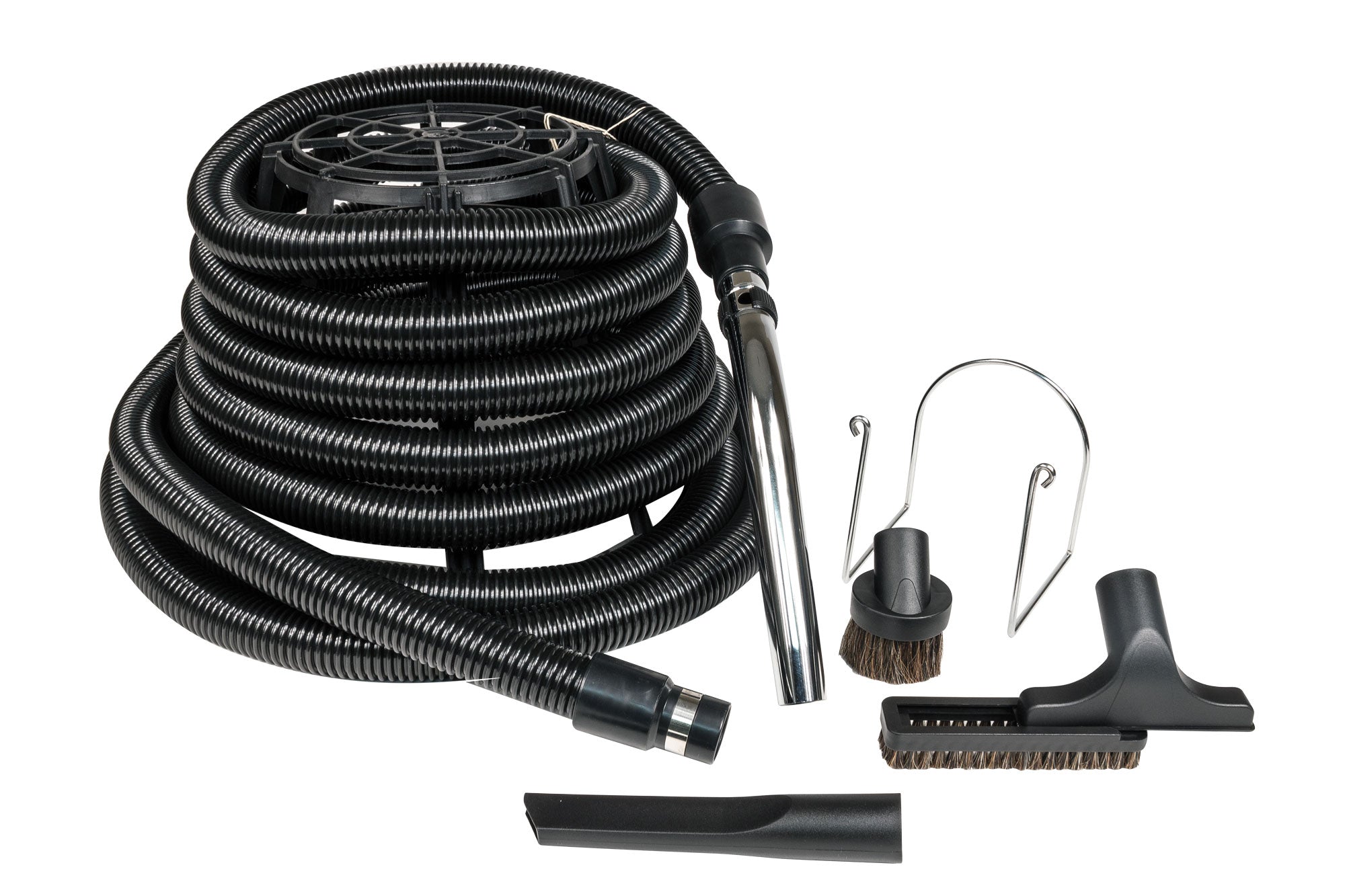 Central Vacuum Kit for Garage - 35' (10 m) Silver Hose - Dusting Brush - Upholstery Brush - Crevice Tool - Metal Hose Hanger - Black