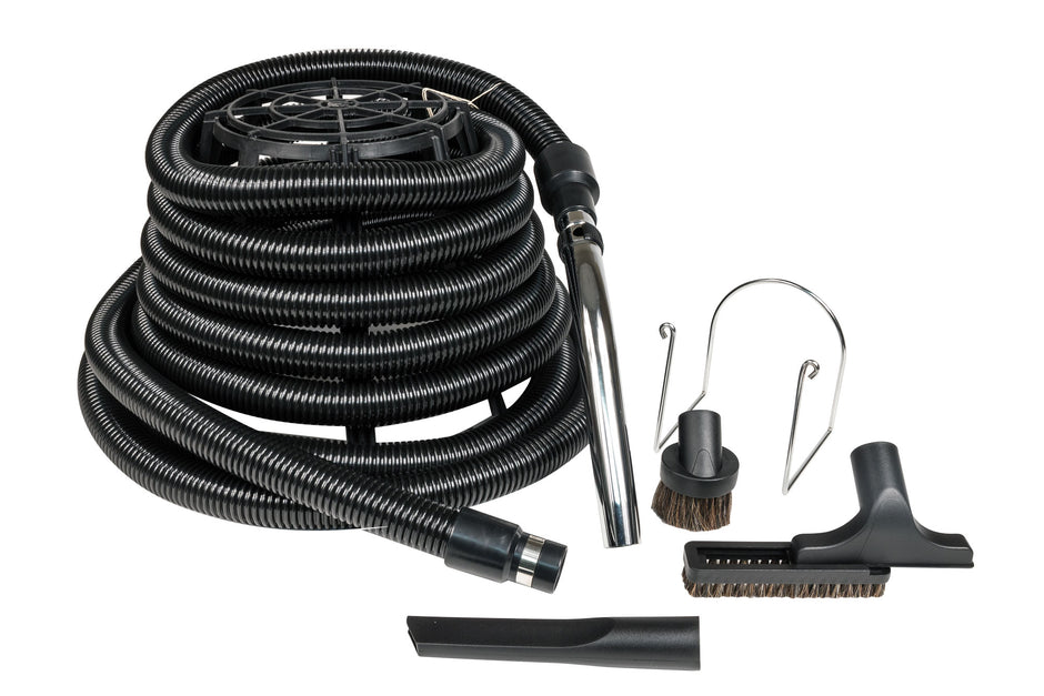 Central Vacuum Kit for Garage - 35' (10 m) Silver Hose - Dusting Brush - Upholstery Brush - Crevice Tool - Metal Hose Hanger - Black