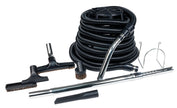 Central Vacuum Kit for Garage - 35' (10 m) Black Hose - Floor Brush - Dusting Brush - Upholstery Brush - Crevice Tool - Telescopic Wand - Metal Hose Hanger - Black