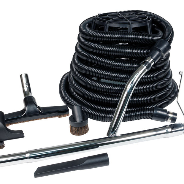 Central Vacuum Kit for Garage - 35' (10 m) Black Hose - Floor Brush - Dusting Brush - Upholstery Brush - Crevice Tool - Telescopic Wand - Metal Hose Hanger - Black