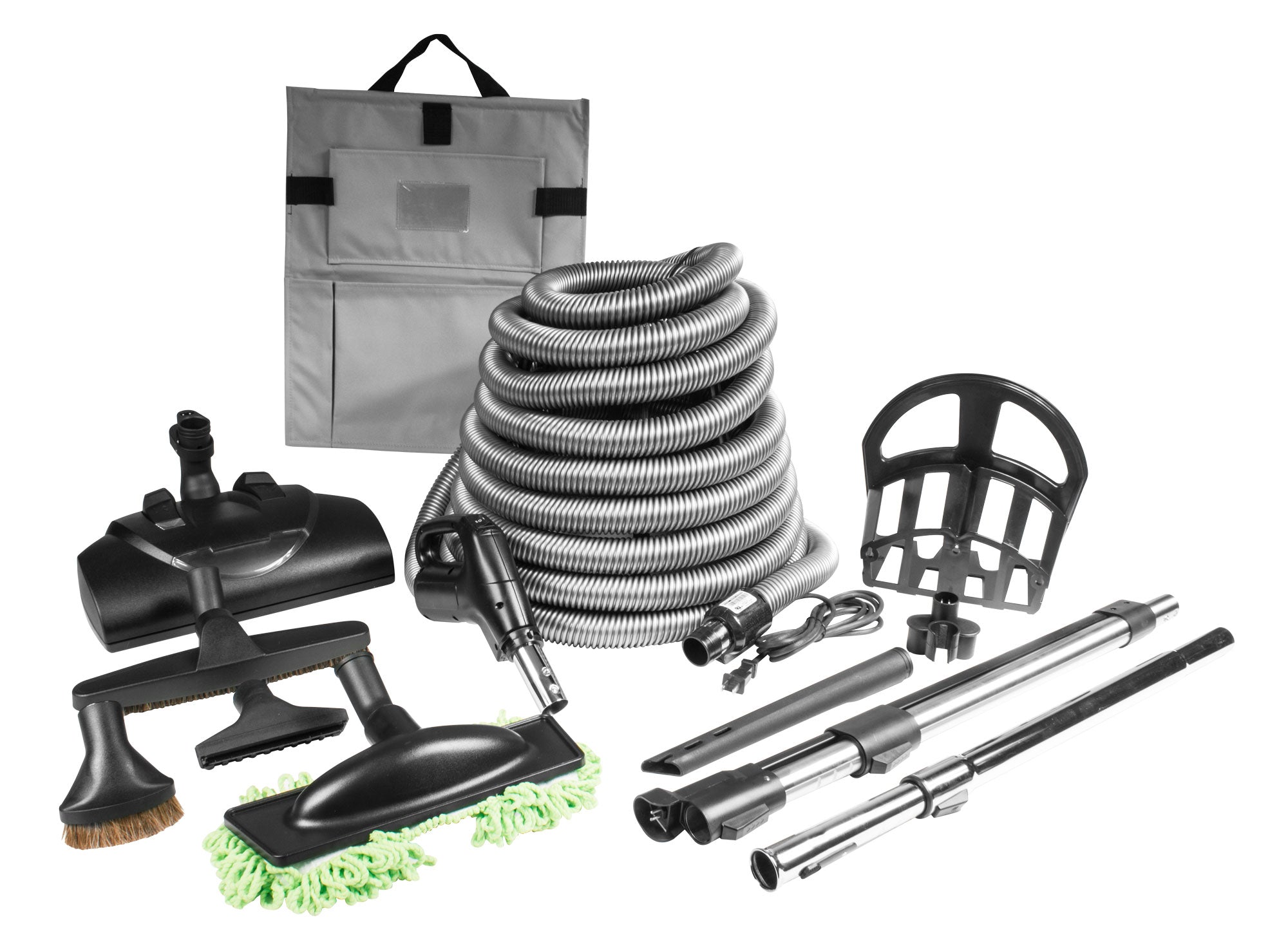 Central Vacuum Kit - 30' (9 m) Hose with On/Off Switch - Power Nozzle Wessel-Werk - Floor Brush - Dusting Brush - Upholstery Brush - Crevice Tool - 2 Telescopic Wands - Hanger for Tools and Hose - Black