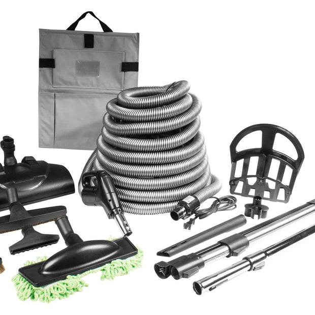 Central Vacuum Kit - 30' (9 m) Hose with On/Off Switch - Power Nozzle Wessel-Werk - Floor Brush - Dusting Brush - Upholstery Brush - Crevice Tool - 2 Telescopic Wands - Hanger for Tools and Hose - Black