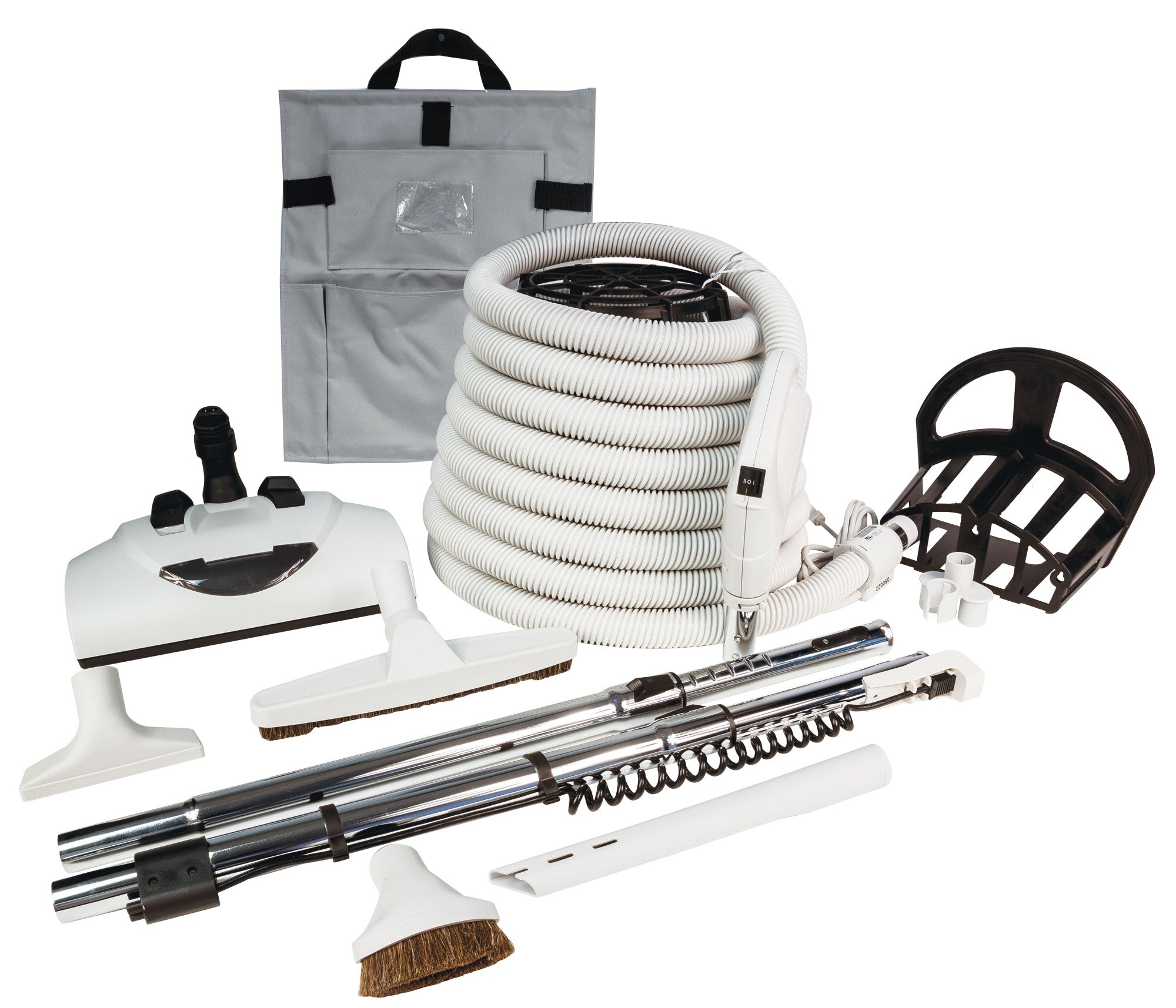 Central Vacuum Kit - 30' (9 m) Electrical Hose - Power Nozzle Wessel-Werk - Floor Brush - Dusting Brush - Upholstery Brush - Crevice Tool - 2 Telescopic Wands - Hanger for Tools and Hose - Grey