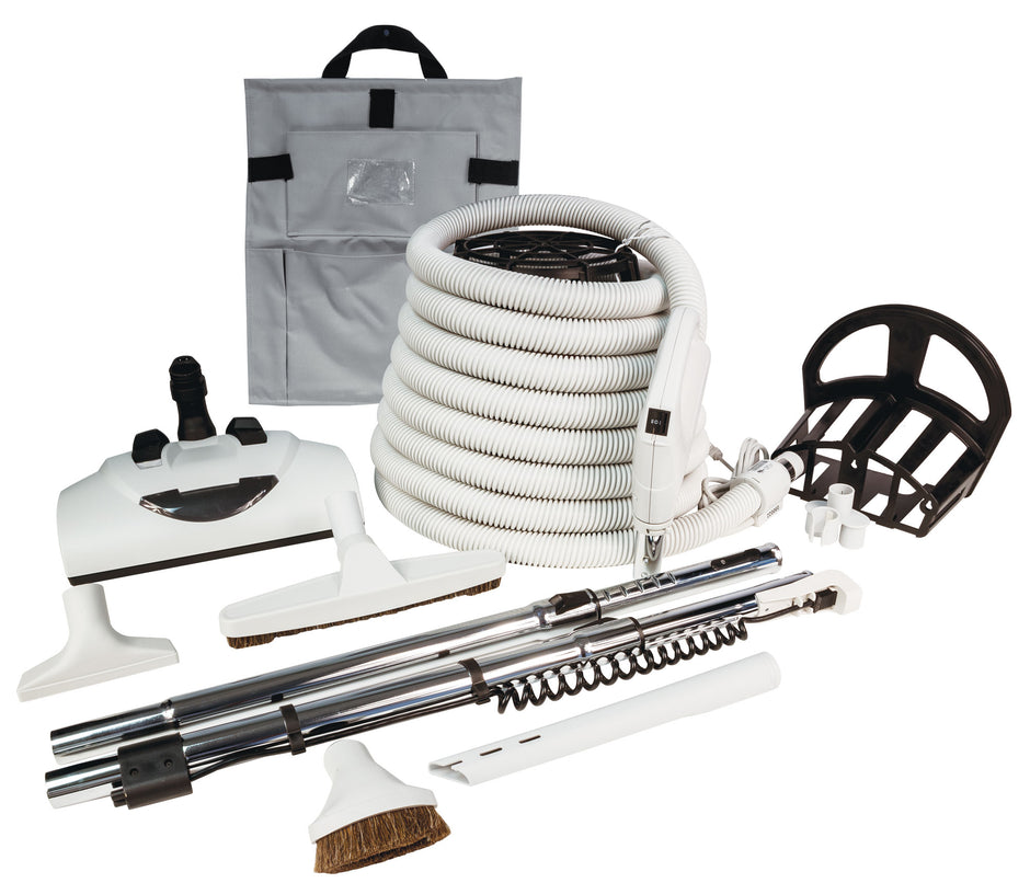 Central Vacuum Kit - 30' (9 m) Electrical Hose - Power Nozzle Wessel-Werk - Floor Brush - Dusting Brush - Upholstery Brush - Crevice Tool - 2 Telescopic Wands - Hanger for Tools and Hose - Grey