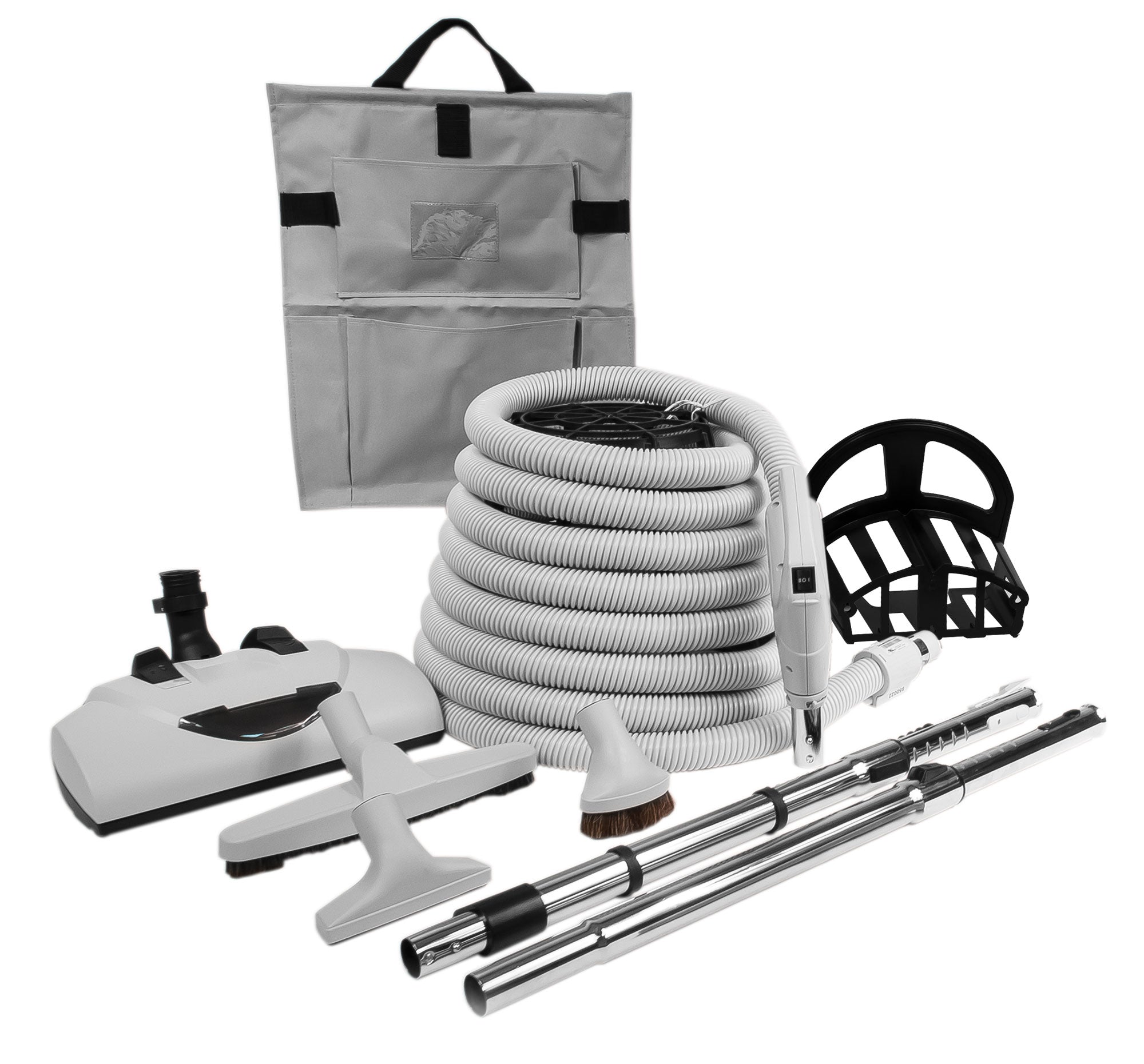 Central Vacuum Kit - 35' (10 m) Electrical Hose with Gas Pump Handle - Power Nozzle Wessel-Werk - Floor Brush - Dusting Brush - Upholstery Brush - Crevice Tool - 2 Telescopic Wands - Hangers - Grey
