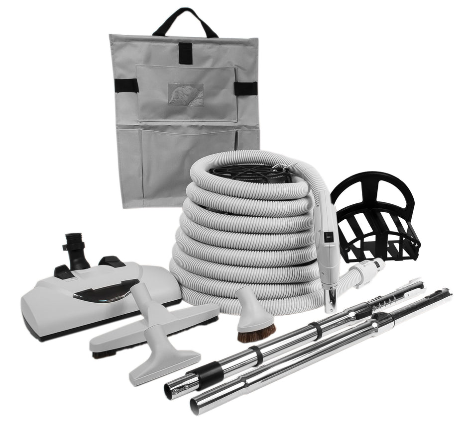 Central Vacuum Kit - 35' (10 m) Electrical Hose with Gas Pump Handle - Power Nozzle Wessel-Werk - Floor Brush - Dusting Brush - Upholstery Brush - Crevice Tool - 2 Telescopic Wands - Hangers - Grey