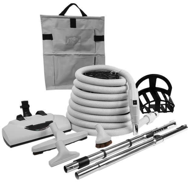 Central Vacuum Kit - 35' (10 m) Electrical Hose with Gas Pump Handle - Power Nozzle Wessel-Werk - Floor Brush - Dusting Brush - Upholstery Brush - Crevice Tool - 2 Telescopic Wands - Hangers - Grey
