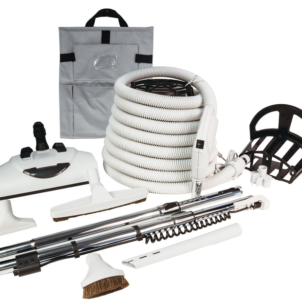 Central Vacuum Kit - 35' (10 m) Electrical Hose - Power Nozzle Wessel-Werk - Floor Brush - Dusting Brush - Upholstery Brush - Crevice Tool - 2 Telescopic Wands - Hangers - Grey