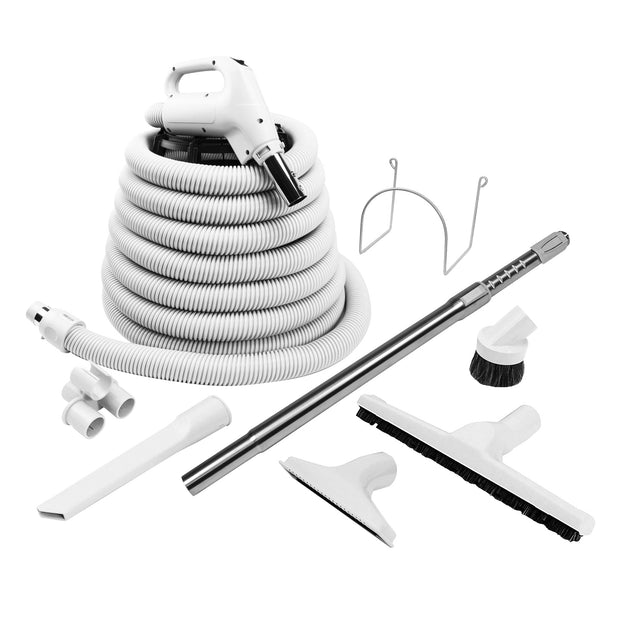 Central Vacuum Kit - 30' (9 m) Hose with Gas Pump Handle Featuring On/Off Switch - Multiple brushes included