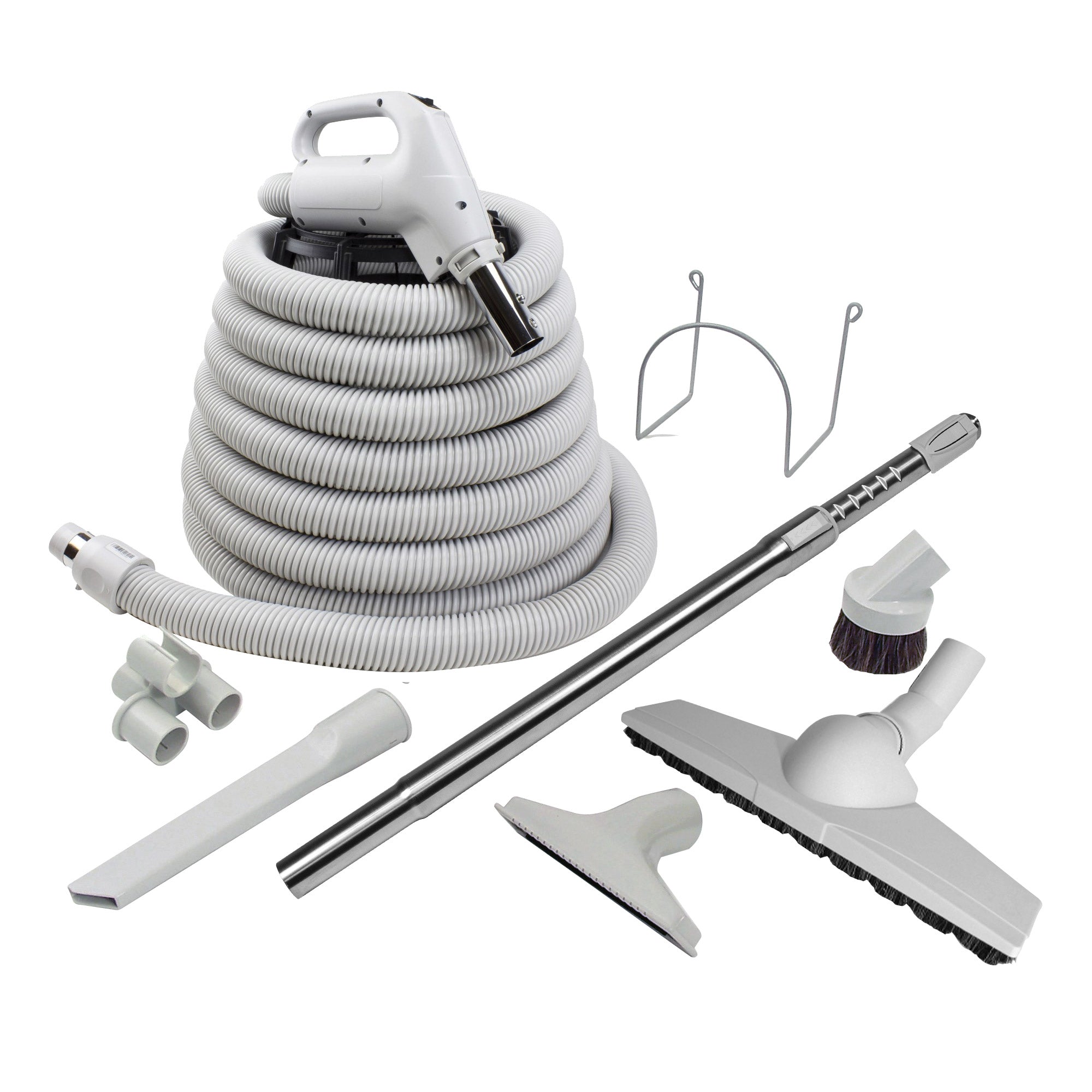 Central Vacuum Kit - 30' (9 m) Hose - Floor Brush Wessel-Werk - Dusting Brush - Upholstery Brush - Crevice Tool - Telescopic Wand - Hose and Tools Hangers - Grey