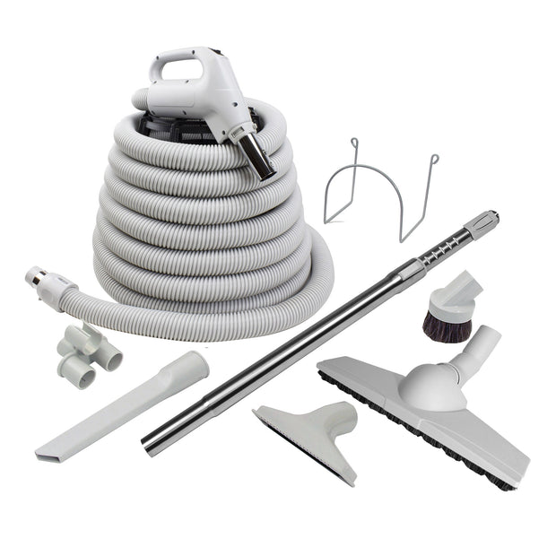 Central Vacuum Kit - 30' (9 m) Hose - Floor Brush Wessel-Werk - Dusting Brush - Upholstery Brush - Crevice Tool - Telescopic Wand - Hose and Tools Hangers - Grey