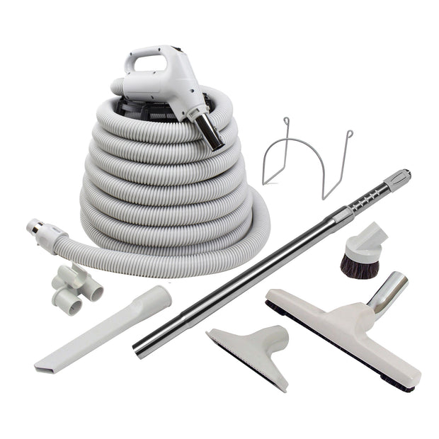 Central Vacuum Kit - 30' (9 m) Hose - Floor Brush - Upholstery Brush - Crevice Tool - Telescopic Wand - Hose and Tools Hangers - Grey