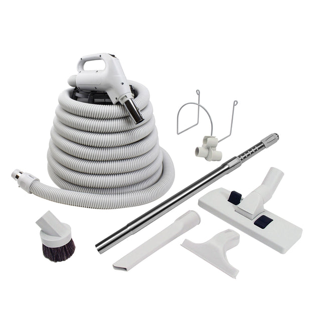 Central Vacuum Kit - 30' (9 m) Hose - Combined Floor and Carpet Brush Wessel-Werk - Dusting Brush - Upholstery Brush - Crevice Tool - Telescopic Wand - Hose and Tools Hangers - Grey