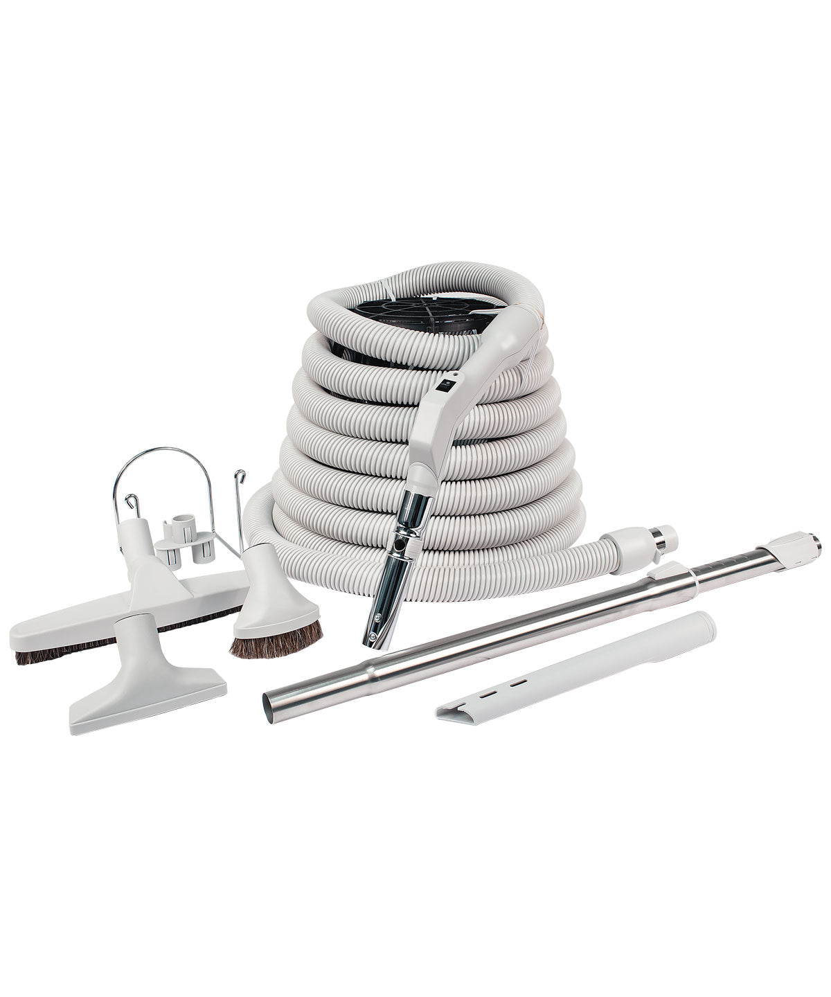 Central Vacuum Cleaner Kit - 30' (9.1m)  Hose with On/Off Switch - Floor Brush - Dusting  Brush - Upholstery Brush - Crevice Tool - Telescopic Wand - Plastic Tool Caddy on Wand - Metal Hose Hanger - Grey