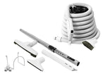 Central Vacuum Cleaner Kit - 30' (9.1m)  Hose with On/Off Switch - Floor Brush - Dusting Brush - Upholstery Brush - Crevice Tool - Telescopic Wand - Plastic Tool Caddy on Wand - Metal Hose Hanger - Grey