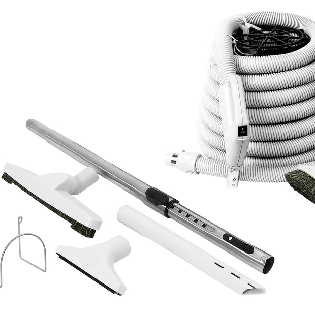Central Vacuum Cleaner Kit - 30' (9.1m)  Hose with On/Off Switch - Floor Brush - Dusting Brush - Upholstery Brush - Crevice Tool - Telescopic Wand - Plastic Tool Caddy on Wand - Metal Hose Hanger - Grey