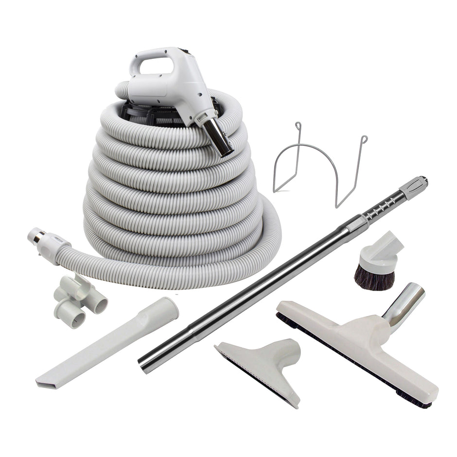 Central Vacuum Kit - 35' (10 m) Hose - Floor Brush - Upholstery Brush - Crevice Tool - Telescopic Wand - Hose and Tools Hangers - Grey