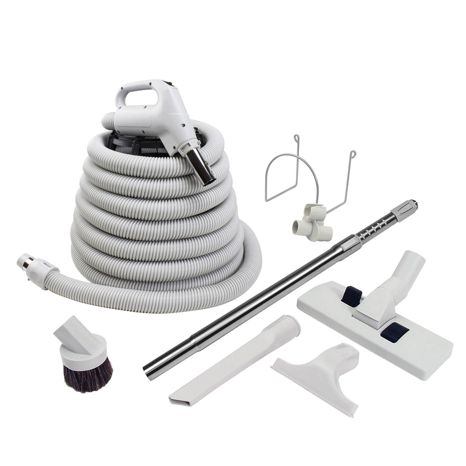 Central Vacuum Kit - 35' (10 m) Hose - Combined Floor and Carpet Brush Wessel-Werk - Dusting Brush - Upholstery Brush - Crevice Tool - Telescopic Wand - Hose and Tools Hangers - Grey