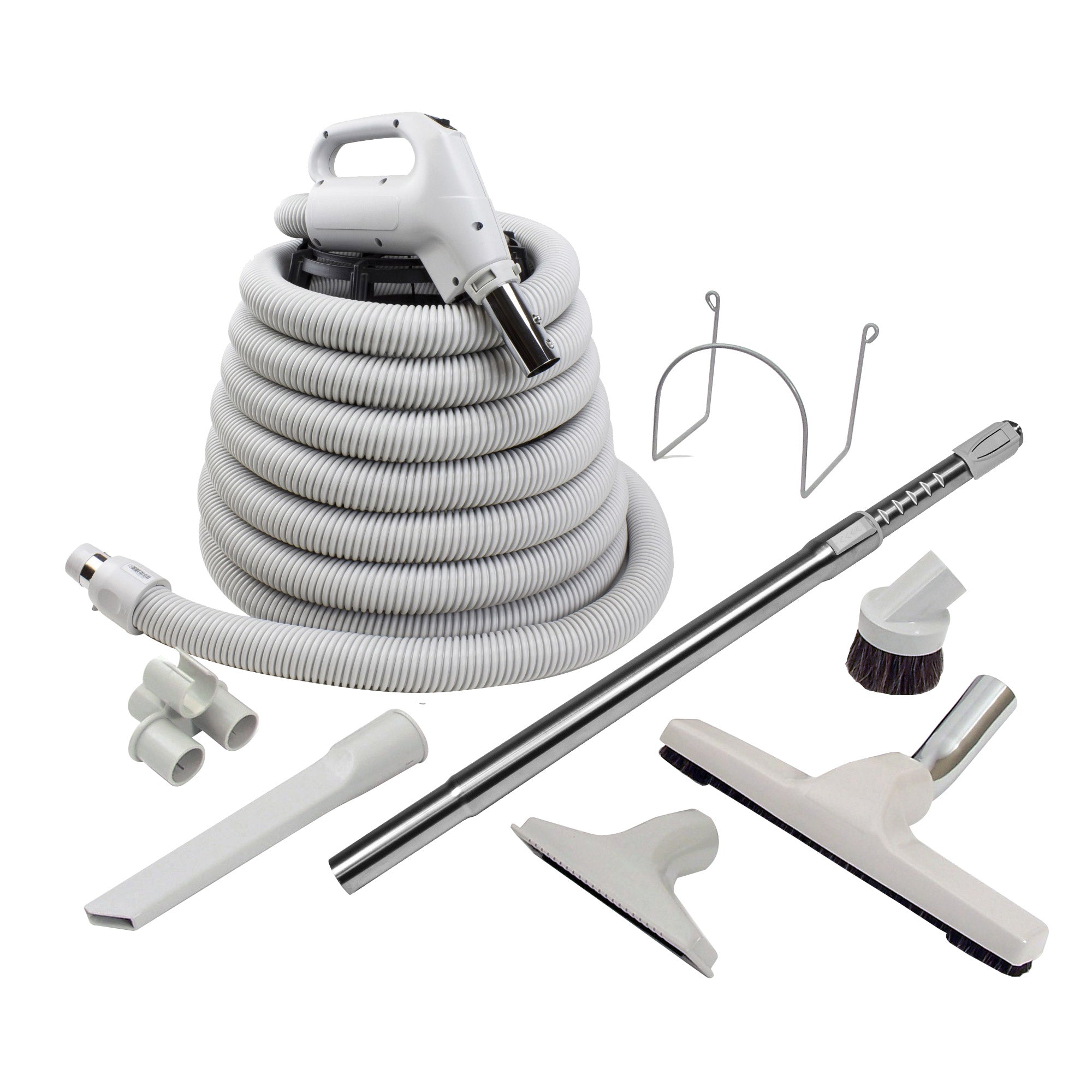 Central Vacuum Kit - 40' (12 m) Hose - Floor Brush - Dusting Brus - Upholstery Brush - Crevice Tool - Telescopic Wand - Hose and Tools Hangers - Grey