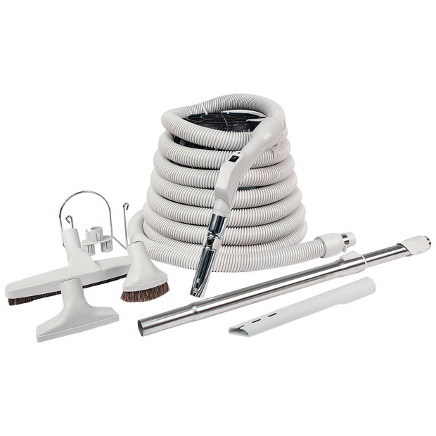Central Vacuum Kit - 40' (12 m) Hose - Floor Brush - Dusting Brush - Upholstery Brush - Crevice Tool - Telescopic Wand - Hose and Tools Holders - Grey