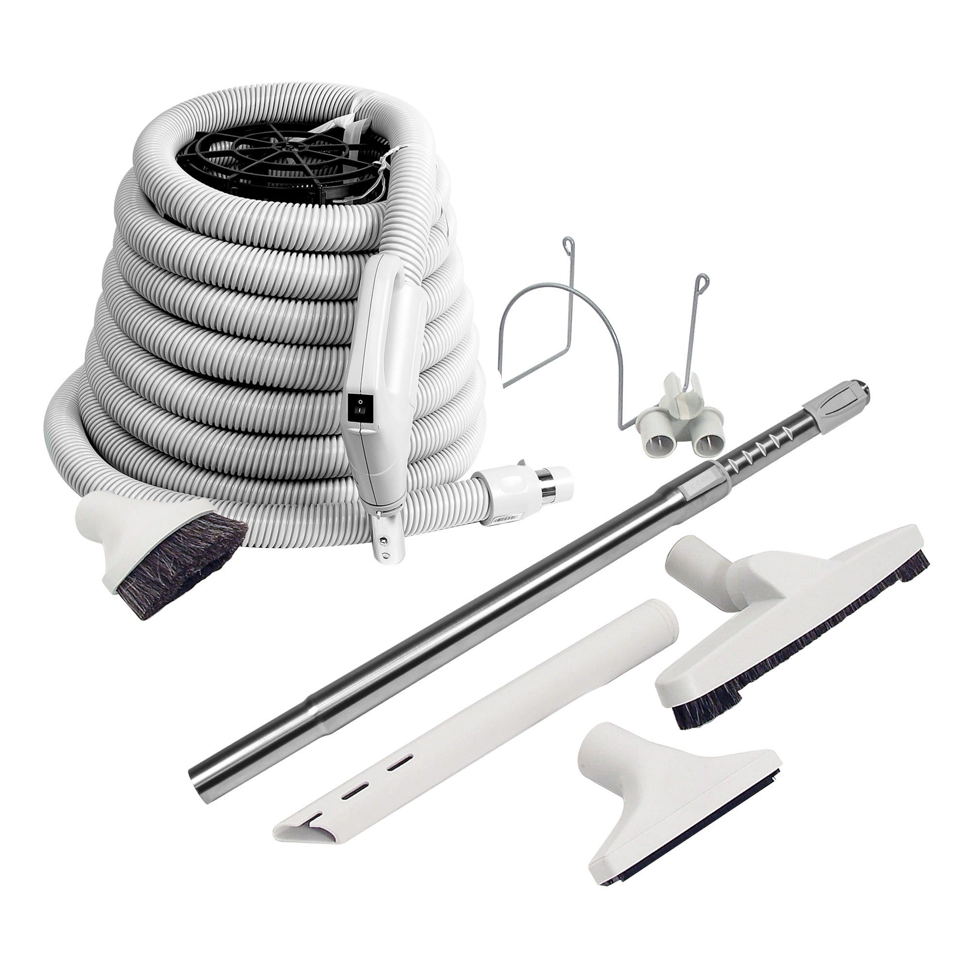 Central Vacuum Kit - 45' (1 m) Hose Gas Pump Handle - Floor Brush - Dusting Brush - Upholstery Brush - Crevice Tool - Telescopic Wand - Hose and Tools Holders - Grey