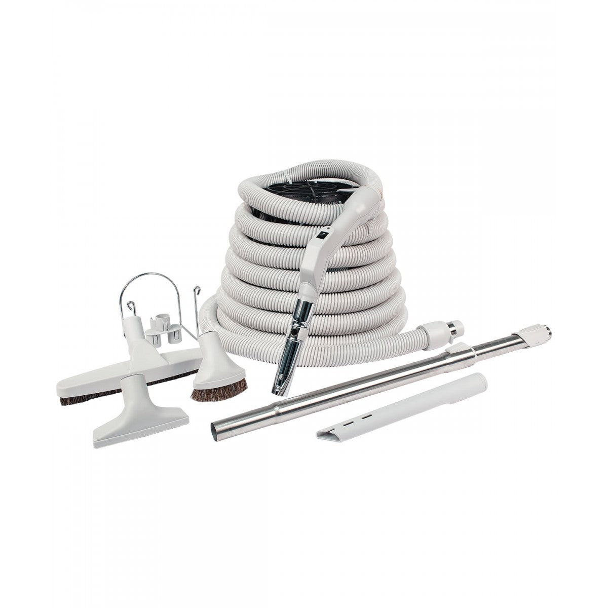Central Vacuum Kit - 50' (15 m) Hose with On/Off Switch - Floor Brush - Dusting Brush - Upholstery Brush - Crevice Tool - Telescopic Wand - Hose and Tools Holders - Grey