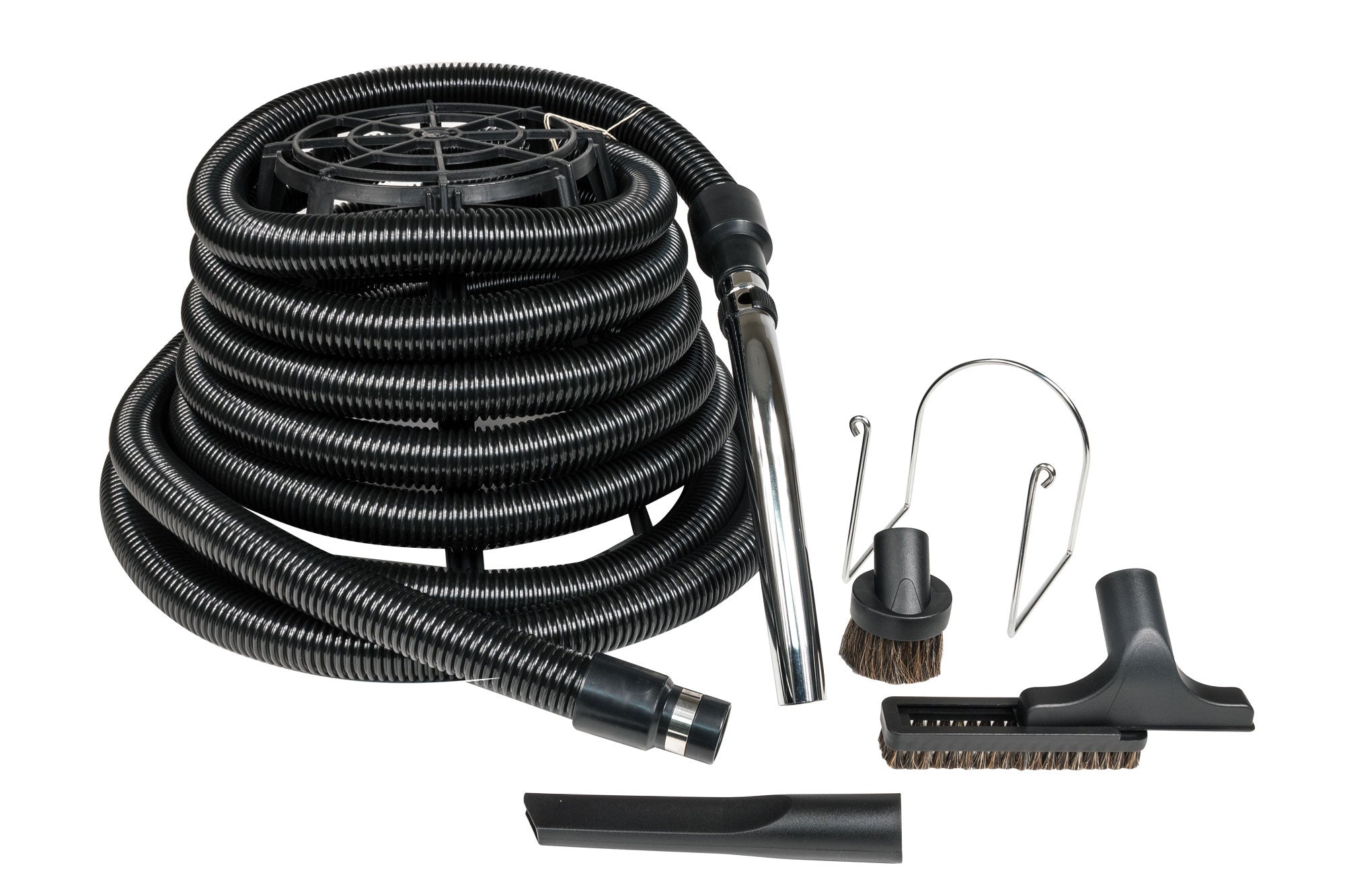 Garage Central Vacuum Kit - 40' (12 m) Hose with Metal Handle - Upholstery Brush - Dusting Brush - Crevice Tool - Hose Holder - Black