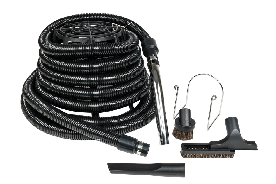 Garage Central Vacuum Kit - 40' (12 m) Hose with Metal Handle - Upholstery Brush - Dusting Brush - Crevice Tool - Hose Holder - Black