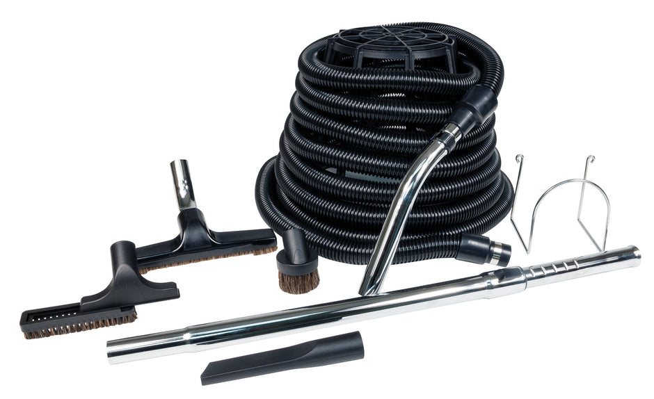 Garage Accessory Kit - 40' (12 m) Hose with Metal Handle - Telescopic Wand - Floor Brush - Upholstery Brush - Dusting Brush - Crevice Tool - Hose Holder - Black