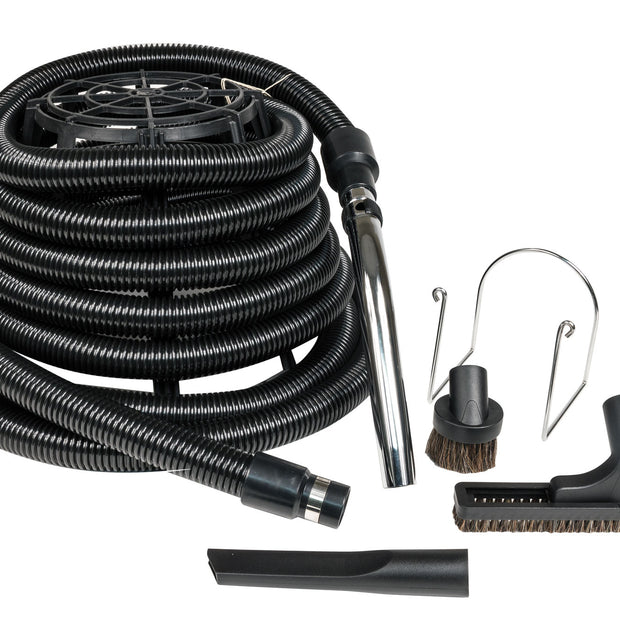 Garage Central Vacuum Kit - 40' (12 m) Hose with Metal Handle - Upholstery Brush - Dusting Brush - Crevice Tool - Hose Holder - Black