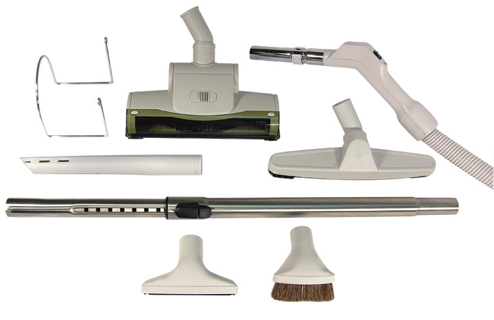 Central Vacuum Kit - 30' (9 m) Hose - Air Nozzle - Floor Brush - Dusting Brush - Upholstery Brush - Crevice Tool - Telescopic Wand - Hose and Tools Hangers - Grey