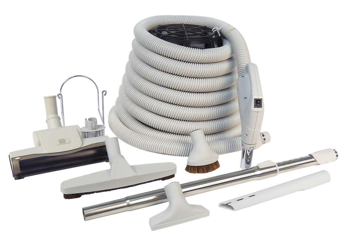 Central Vacuum Kit - 40' (12 m) Hose with On/Off Switch - Air Nozzle - Floor Brush - Dusting Brush - Upholstery Brush - Crevice Tool - Telescopic Wand - Hose and Tools Hangers - Grey