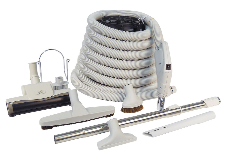 Central Vacuum Kit - 40' (12 m) Hose with On/Off Switch - Air Nozzle - Floor Brush - Dusting Brush - Upholstery Brush - Crevice Tool - Telescopic Wand - Hose and Tools Hangers - Grey