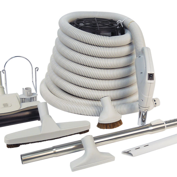 Central Vacuum Kit - 40' (12 m) Hose with On/Off Switch - Air Nozzle - Floor Brush - Dusting Brush - Upholstery Brush - Crevice Tool - Telescopic Wand - Hose and Tools Hangers - Grey