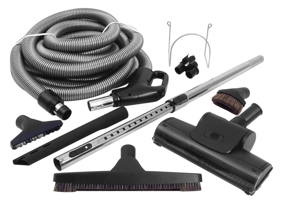 Central Vacuum Kit - 50' (15 m) Hose - Air Nozzle - Floor Brush - Dusting Brush - Upholstery Brush - Crevice Tool - Telescopic Wand - Hose and Tools Hangers - Grey
