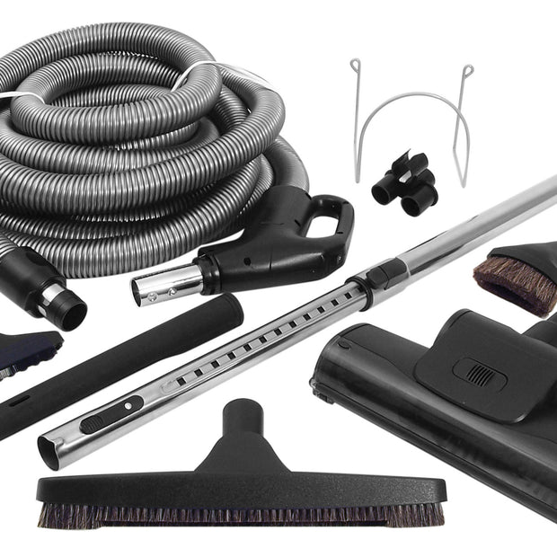 Central Vacuum Kit - 50' (15 m) Hose - Air Nozzle - Floor Brush - Dusting Brush - Upholstery Brush - Crevice Tool - Telescopic Wand - Hose and Tools Hangers - Grey