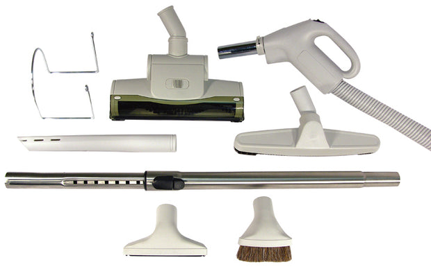 Central Vacuum Kit - 30' (9 m) Hose Gas Pump Handle - Air Nozzle - Floor Brush - Dusting Brush - Upholstery Brush - Crevice Tool - Telescopic Wand - Hose and Tools Hangers - Grey