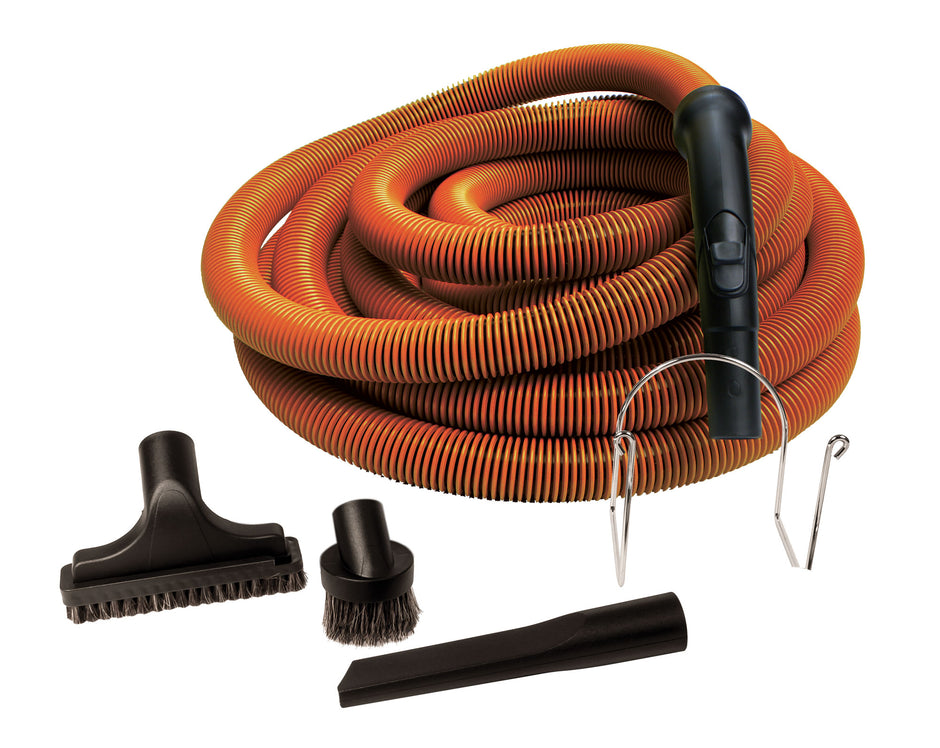 Garage Central Vacuum Kit - 50' (15 m) Orange Hose -  Dusting Brush - Upholstery Brush - Crevice Tool - Hose Hanger - Black