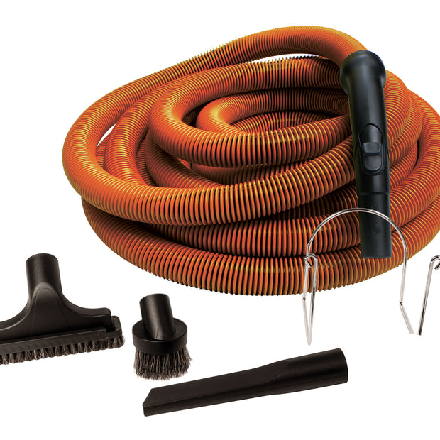 Garage Central Vacuum Kit - 50' (15 m) Orange Hose -  Dusting Brush - Upholstery Brush - Crevice Tool - Hose Hanger - Black