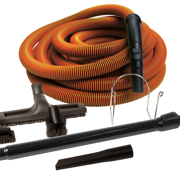 Central Vacuum Kit - 50' (15 m) Orange Hose - Floor Brush - Dusting Brush - Upholstery Brush - Crevice Tool - Telescopic Wand - Hose and Tools Hangers - Black