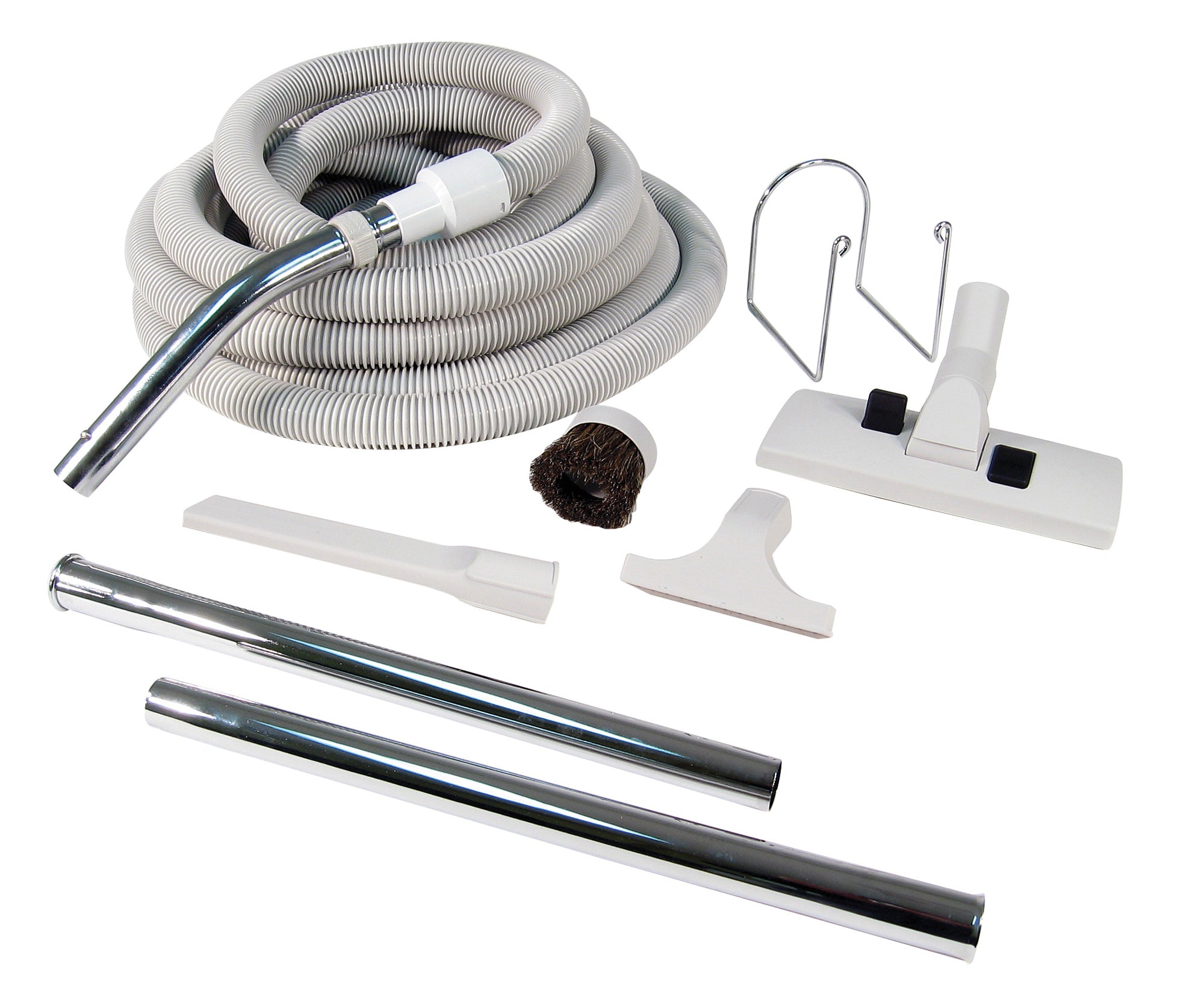 Central Vacuum Kit - 30' (9 m) Hose with Cuff and Handle - Carpet Brush - Dusting Brush - Uphelstery Brush - Crevice Tool - 2 Straight Wands - Hose Hanger - Grey