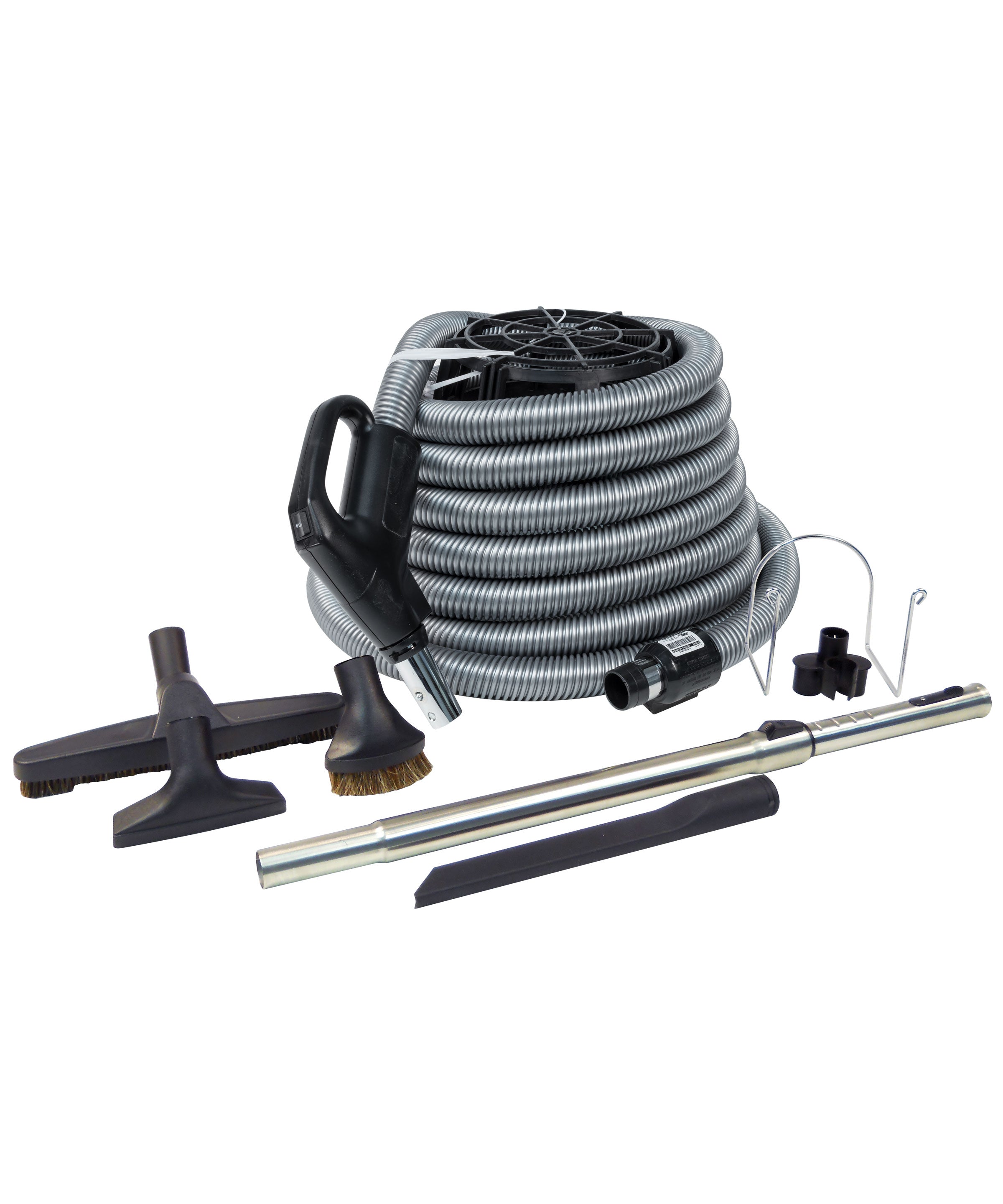 Central Vacuum Kit - 35' (10 m) Silver Hose - Floor Brush - Dusting Brush - Upholstery Brush - Crevice Tool - Telescopic Wand - Hose and Tools Hangers - Black