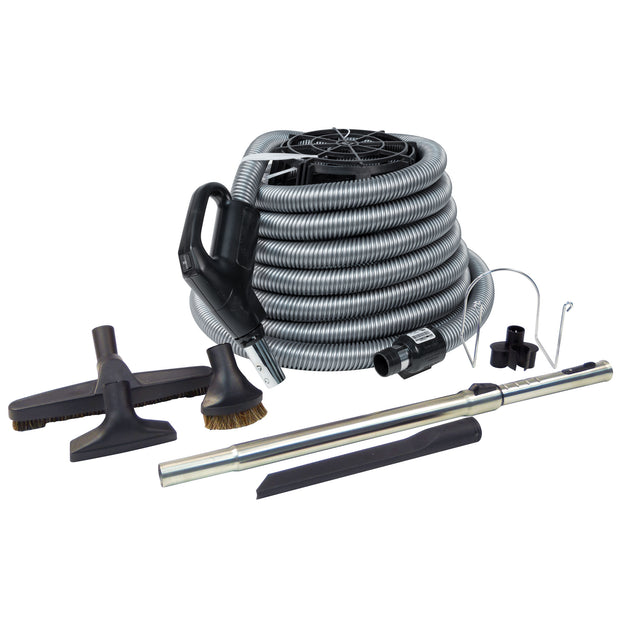 Central Vacuum Kit - 35' (10 m) Silver Hose - Floor Brush - Dusting Brush - Upholstery Brush - Crevice Tool - Telescopic Wand - Hose and Tools Hangers - Black