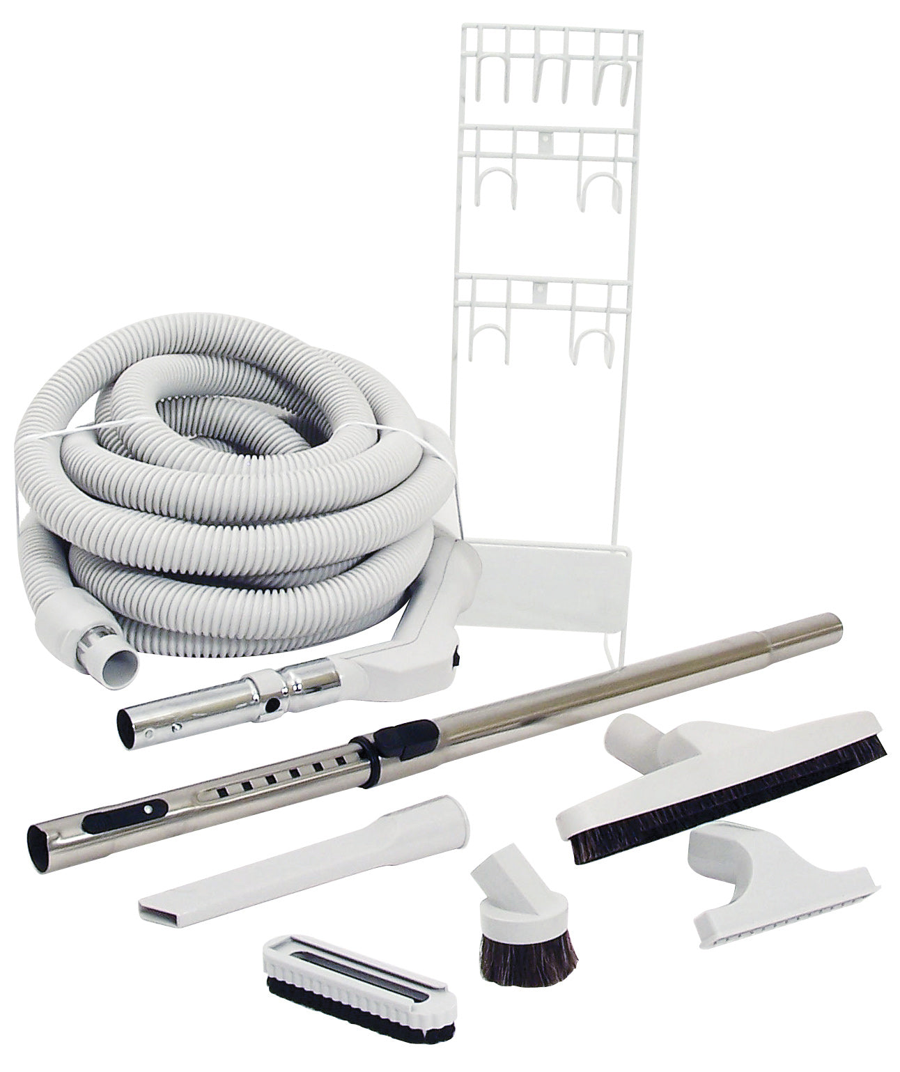 Central Vacuum Kit - 35' (10 m) Hose with On/Off Switch - Floor Brush - Dusting Brush - Upholstery Brush - Crevice Tool - Telescopic Wand