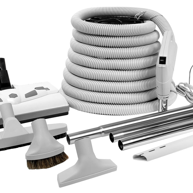 Central Vacuum Kit - 35' (10 m) Hose with On/Off Switch - Lindhaus Power Nozzle - Multiple Brushes